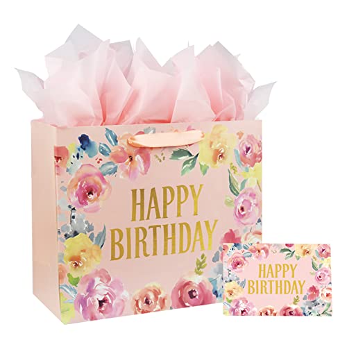13" Large Happy Birthday Gift Bag with Card and Tissue Papers, Handles Floral Design for Women Girls Birthday Party (13" P...