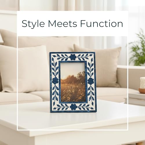Floral Inlay Picture Frame with 4x6 Photo Display – Unique Picture Frames for Tabletop or Wall Mounting – Elegant Resin & ...