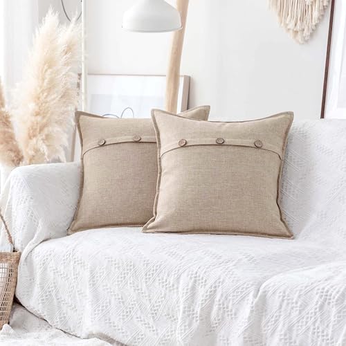 Home Brilliant Decorative Pillow Covers Textured Burlap Button Pillowcases Farmhouse Holiday Lined Linen Cushion Covers fo...