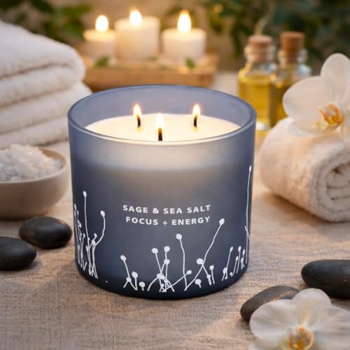 White Sage Sea Salt 3 Wick Candle - Large Soy Scented Candle 14.5 oz - Sage Candle for Cleansing House - Aromatherapy Ener...