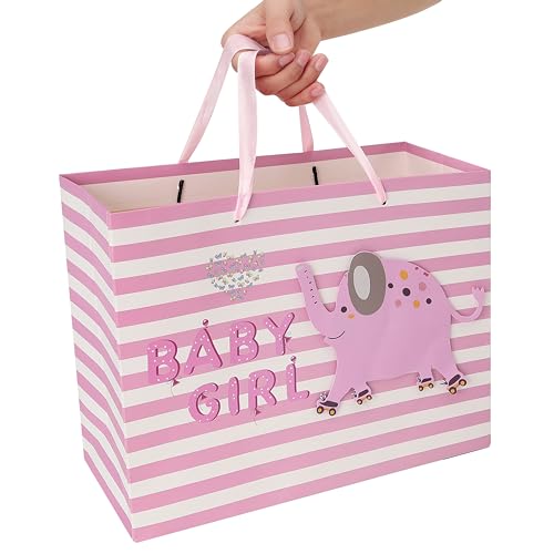 wishinside 13" Large Pink Gift Bag Set with Greeting Card and Tissue Paper(3D elephant) for Baby Girl,Baby Shower,Kids Bir...
