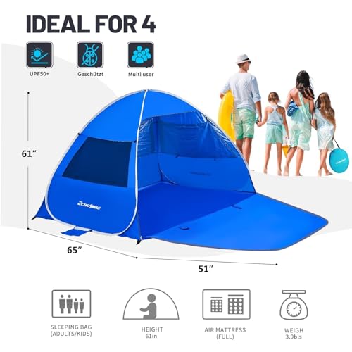 EchoSmile Pop Up Beach Tent for 4 Person Family, UPF 50+ Sun Shelter & Waterproof Beach Shade, Automatic Easy Setup Portab...