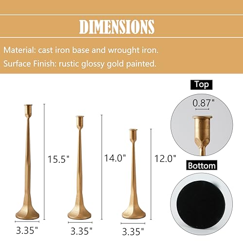 Denique Iron Taper Candle Holder Set of 3, Gold Candlestick Holders Decorative Candle Stand, Tapered Candle Holders Tall S...