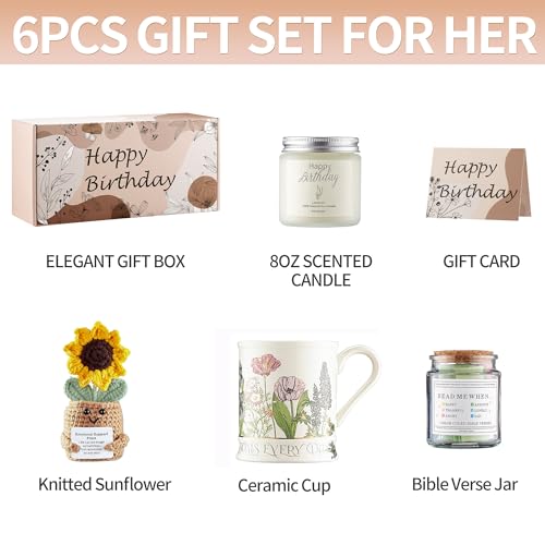 Happy Birthday Gift Set for Women - Ceramic Mug, Bible Verse Jar, Scented Candle, Sunflower & Greeting Card - Religious Bi...