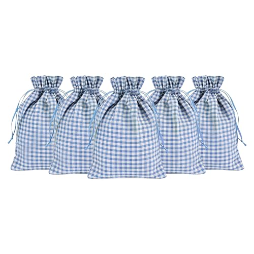 Meseey 5 Pcs Buffalo Plaid Burlap Gift Bags with Drawstring (6Wx8L, Blue-White Plaid) Reusable Gingham Sacks Gift Pouch Ba...