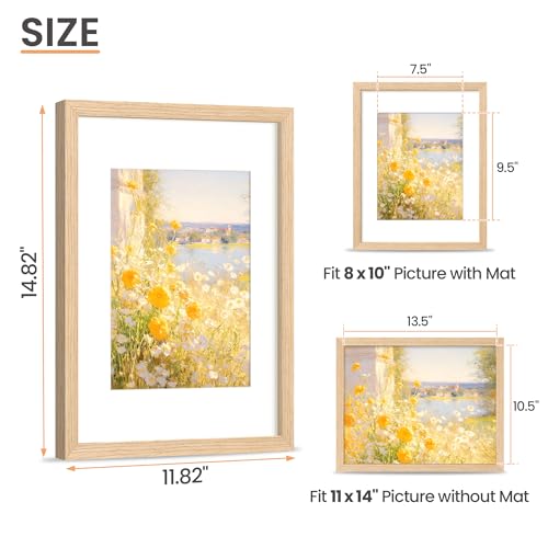 upsimples 11x14 Picture Frame, Natural Solid Wooden Picture Frames, Display 8x10 with Mat or 11 x 14 Without, Vertical or ...