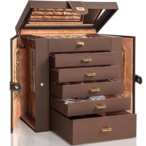 AKOZLIN Extra Large 6-Tier Jewelry Box Organizer with Mirror, 5 Drawers Leather Jewelry Storage Case for Women Girls Ring ...