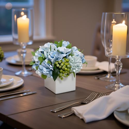 LADADA Fake Flowers in Ceramic Vase,Faux Hydrangea Flower Arrangements for Home Decor Artificial Flowers with Vase
