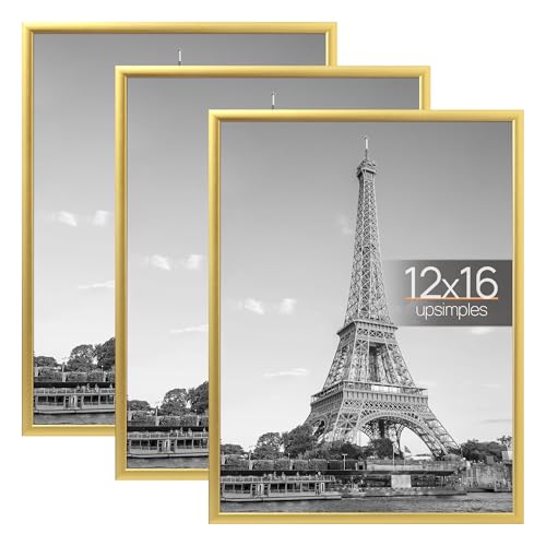upsimples 12x16 Picture Frame Gold 3 Pack, Scratch-Proof Poster Frames 12 x 16 for Photo Gallery - Slide-In Strips, Horizo...