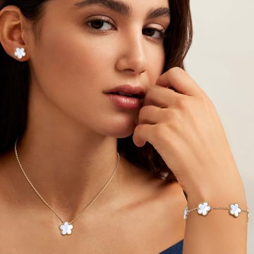 Gold Necklaces Bracelets Earring Set - 18K Gold Plated Flower Bracelet Chain,Stainless Steel Non Tarnish Floral Pendant St...