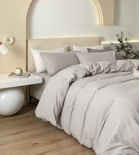 JIYUAN Queen Size Duvet Cover Set, 3-Piece - 100% Washed Cotton, Linen-Like Soft & Breathable with Zipper Closure, Include...