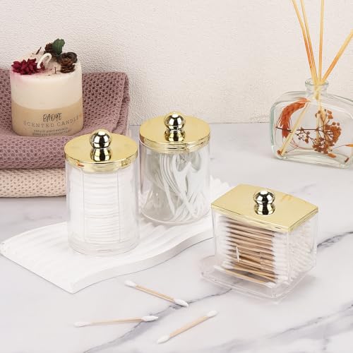 Tbestmax 3 Pack Qtips Dispenser - Bathroom Organizers and Storage Containers, Plastic Apothecary Jars with Gold Lids for C...