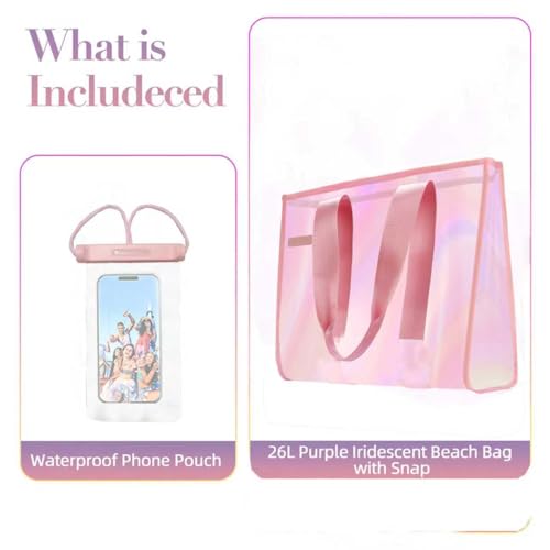 GolfFox 26L Extra Large Iridescent Beach Bag Set - Pink Tote Bag with Zipper & Waterproof Touchscreen Phone Pouch，Perfect ...