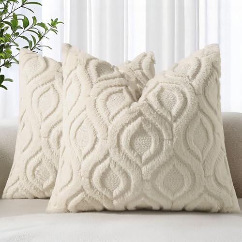 decorUhome Throw Pillow Covers 18x18 Inch Set of 2, Soft Plush Faux Wool Beige Solid Couch Pillow Covers, Accent Farmhouse...