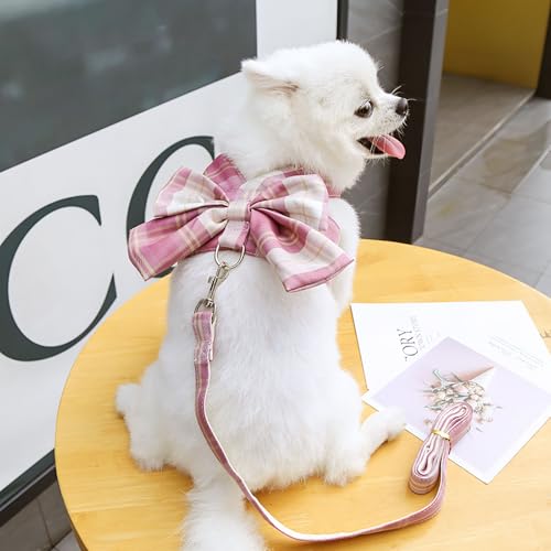 UETZLTB Cute Dog Harness and Leash Set with Bow Tie Soft Mesh Plaid Girl Puppy Harness No Pull Pet Cat Dog Vest Harness fo...