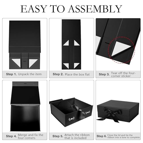 LFBOX Black Gift Box with Ribbon Magnetic Lids 10.2x9x3.74 in, Bridesmaid Groomsman Proposal Boxes, Wedding Graduation Sto...