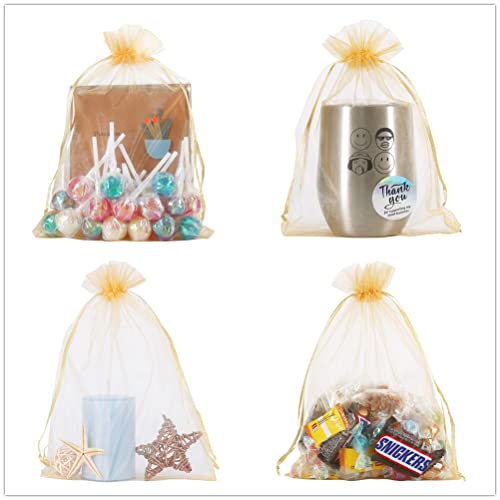 HRX Package 100pcs Gold Organza Bags 6x9 inch, Mesh Gift Pouches Drawstring Empty Sachet for Christmas Candy Present Party...