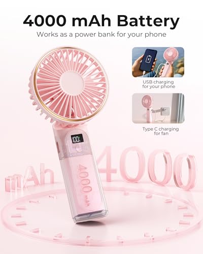 TUNISE Portable Handheld Fan, 4000mAh, 180 Adjustable, 6 Speed Wind, USB Rechargeable Foldable Fan with Real-Time Display