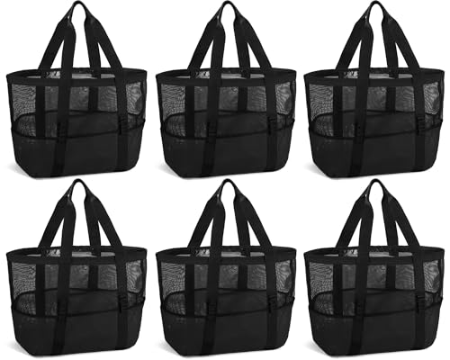 Hillban Large Beach Mesh Bags Bulk for Women Beach Tote Bag with 8 Pocket Zipper Waterproof Sandproof for Pool Cruise Ship