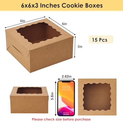 Moretoes 15pcs Cookie Boxes with Window, 6x6x3in Brown Bakery Boxes for Treats, Small Cake, Desserts, Donuts, Pastry