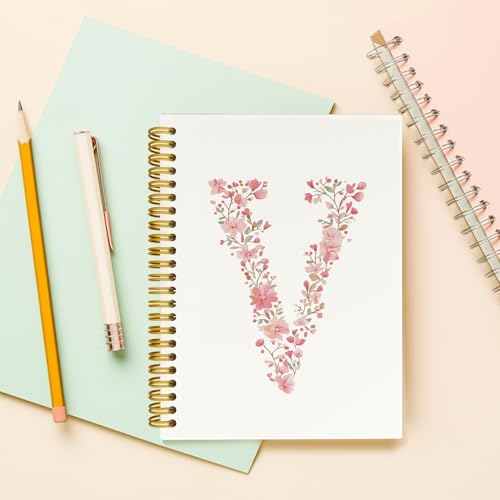 QROZIAR Pink Cute Spiral Notebook Journal, Preppy Floral Initial Letter V Personalized Journaling Notebooks, Monogrammed G...