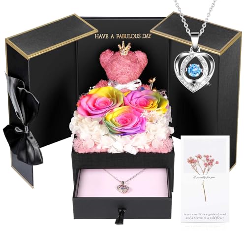 ADDWel Preserved Real Rainbow Rose with Sterling Silver Necklace Gift Set - Romantic for Wife, Girlfriend - Eternal Flower...