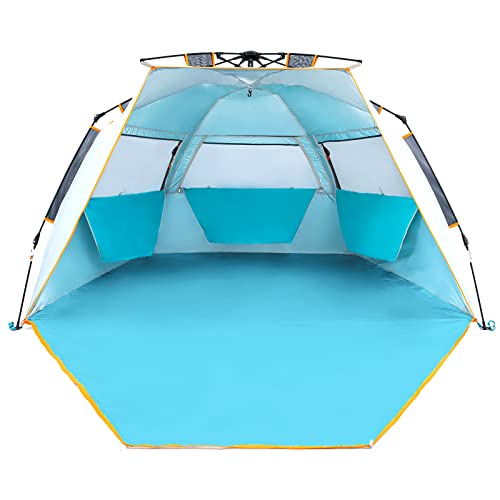 WolfWise 3-4 Person Beach Tent with UPF 50+ Sun Protection, Portable Ventilated Beach Shade Canopy with Extended Porch, Ea...