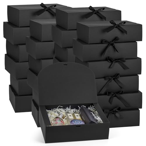 24 Pack Gift Boxes with Lids, 10.6x7.8x3.1 Inch Groomsmen Proposal Box, Luxury Black Gift Box with Ribbon for Wedding, Pac...