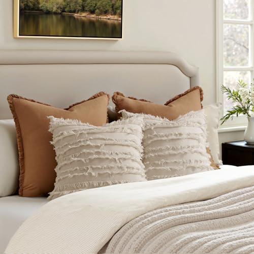 MIULEE Decorative Boho Throw Pillow Covers Set of 2 Spring Neutral Beige Linen Striped Jacquard Pattern Modern Cushion Cov...