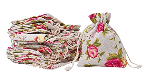 Mandala Crafts 3X4 Inch Mini Rose Burlap Drawstring Gift Bags for Favors - 50 Tiny Floral Linen Sacks Gift Pouches for Can...