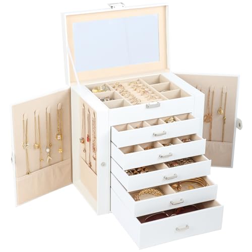BOOVO Jewelry Box For women, 6 Layer Large Jewelry Organizer With Mirror, Multi-Function Storage Box With Lock, Necklace H...