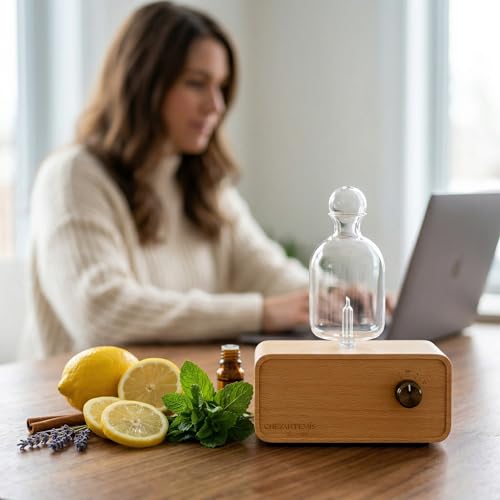 Aria Waterless Diffuser for Essential Oils, Retro Glass Nebulizing Diffuser with Solid Wood Base, Cordless Aromatherapy Di...