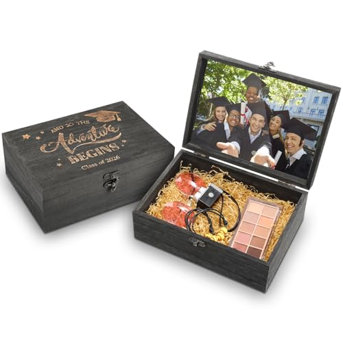 BreezeHug 2 Pcs Class of 2026 Graduation Keepsake Box Senior 2026 Gift Memory Chest Wooden Box with Hinged Lid Engraving G...