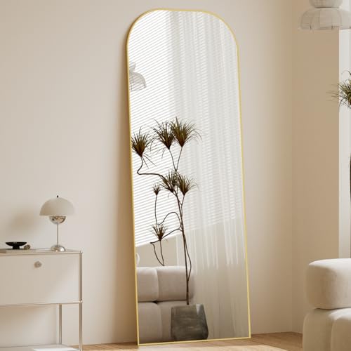 Koonmi Full Length Mirror, 56"x21" Mirror Full Length with Stand, Gold Domed Top Square-Edged Floor Mirror with Aluminum A...
