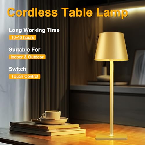 Yogaret 2 Pack Gold Rechargeable Table Lamps,Cordless Lamp with 6000mAh Battery Operated,Wireless Lamp for Restaurant Home...