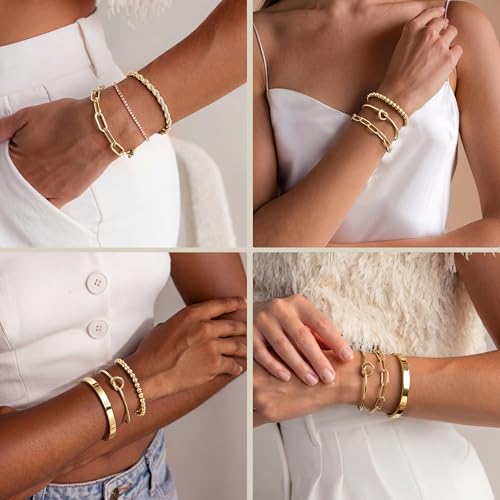 Gokeey Gold Bracelets Set for Women Non Tarnish, Waterproof 14K Gold Plated Sterling Silver Chunky Cuff Bracelet Stackable...