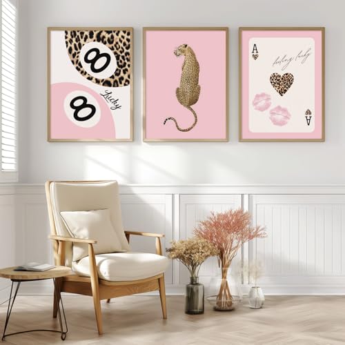 Lhoiplme Cheetah Trendy Wall Art Preppy Leopard Canvas Print Cheetah Room Wall Decor 8 Ball Poster Y2k Pink Coquette Luxur...