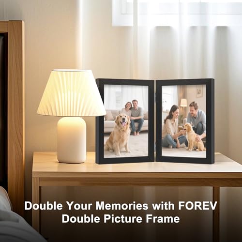 FOREV 5x7 Double Picture Frame Wooden Hinged Photo Frame Definition Glass Stand Vertically on Desktop or Tabletop Black
