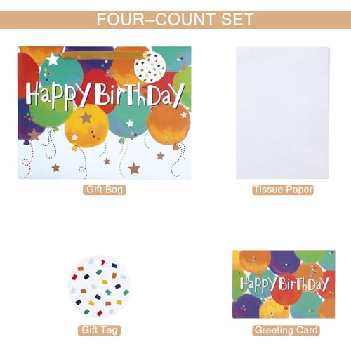 Loveinside Colorful Birthday Gift Bag, Balloons Pattern with HAPPY BIRTHDAY Text, Matching Tissue Paper, Greeting Card and...