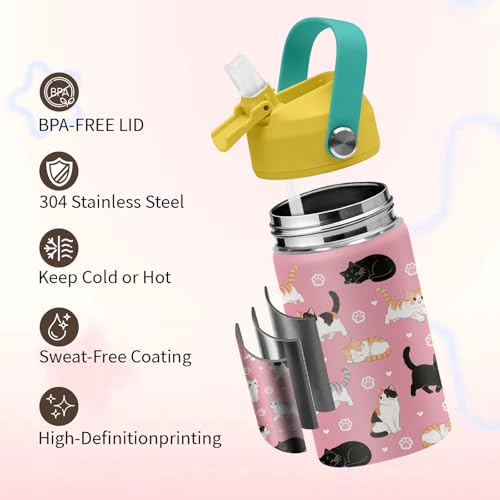 Cat Water Bottle for Girls, 12 Oz Stainless Steel Tumblers for Women with Straw Lid and Handle, Mugs for School or Travel,...