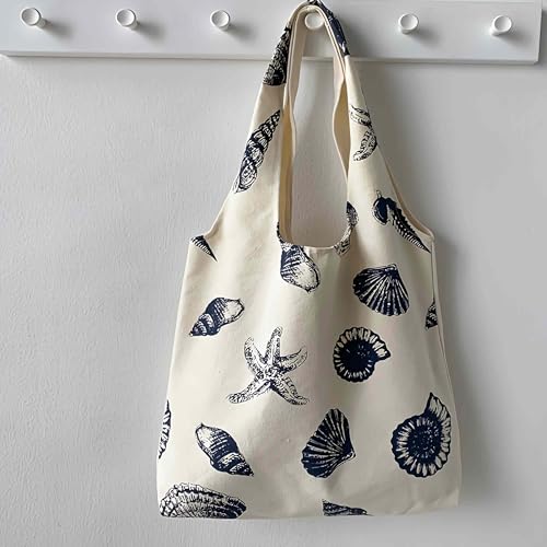 Beach Inspired Canvas Tote Bag For Women, Nautical Seashell And Starfish Print, Casual Shoulder Bag Aesthetic, Cute Small ...