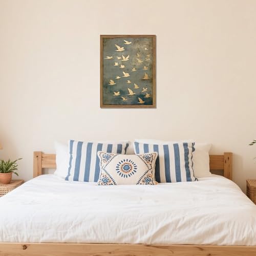 Framed Flock of Birds Canvas Wall Art, Vintage Minimalist Abstract Landscape Painting, Neutral Gold Birds Spiritual Wall D...