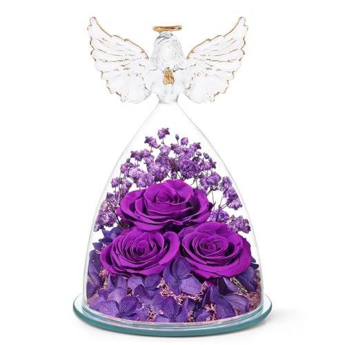 FIACO Gifts for Mom Grandma from Daughter Mothers Day Preserved Roses Forever Flowers in Glass Angel Figurines Fresh Flowe...