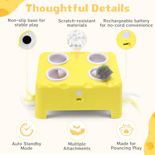 PETSWEET Cheese Box Interactive Cat Toy for Indoor Cats, 3-in-1 Whack a Mole Feather Toy, 3 Modes Rechargeable Auto Cat To...