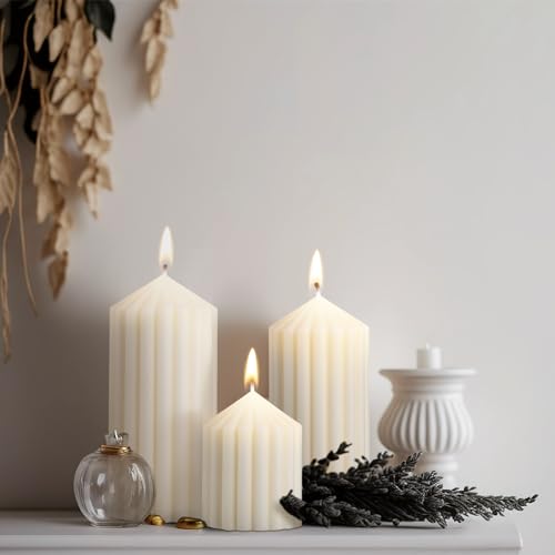 Conelist Set of 3 White Ribbed Pillar Candles Soy Wax Scented Ribbed Candles Includes 2.8, 4.2 and 5.1 Inches Heights Deco...