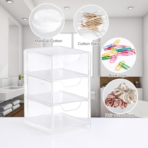 Hipiwe Acrylic Drawer Organizer Qtip Holder for Cotton Pad Cotton Swabs Makeup Storage Drawer with 3 Drawers Clear Desk Dr...