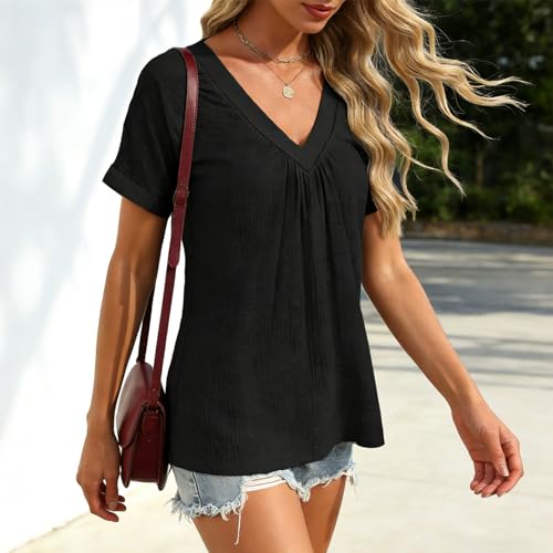 MARSVOVO Womens Pleated V Neck Short Sleeve Shirts Summer Everyday Casual Tunic Tops Comfy Breathable Hawaiian Tees