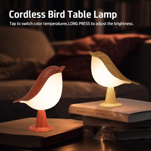 Deogos 2 Cute Bird Lamps Combo,Small Bedside Lamps with 3 Color Temperature and Adjustable Brightness,Rechargeable Cordles...