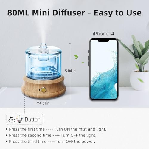 Lecdura Glass Essential Oil Diffuser, 80ML Small Glass Reservoir Natural Wood Base Ultrasonic Cool Mist Aroma Diffusers wi...
