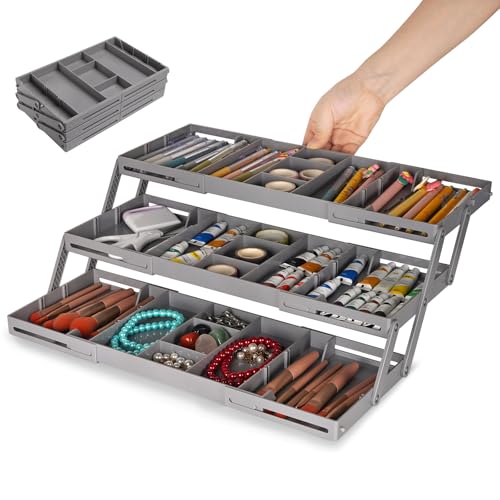 3 Tier Drawer Organizer - Expandable Junk Drawer Organizers Smart Office Supply Organizer, Folding Drawer Storage Multi-le...